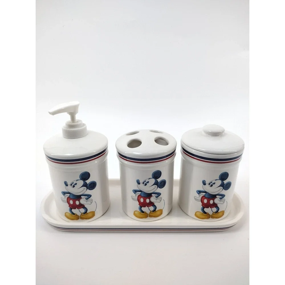 Disney Mickey Mouse Ceramic Bathroom Set 4pc Soap Dispenser Toothbrush Holder